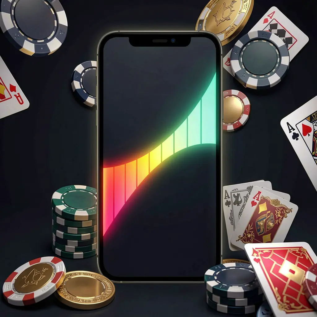 U22VIP casino app installation on smartphone with glowing progress bar, surrounded by coins, chips, and cards on a dark background