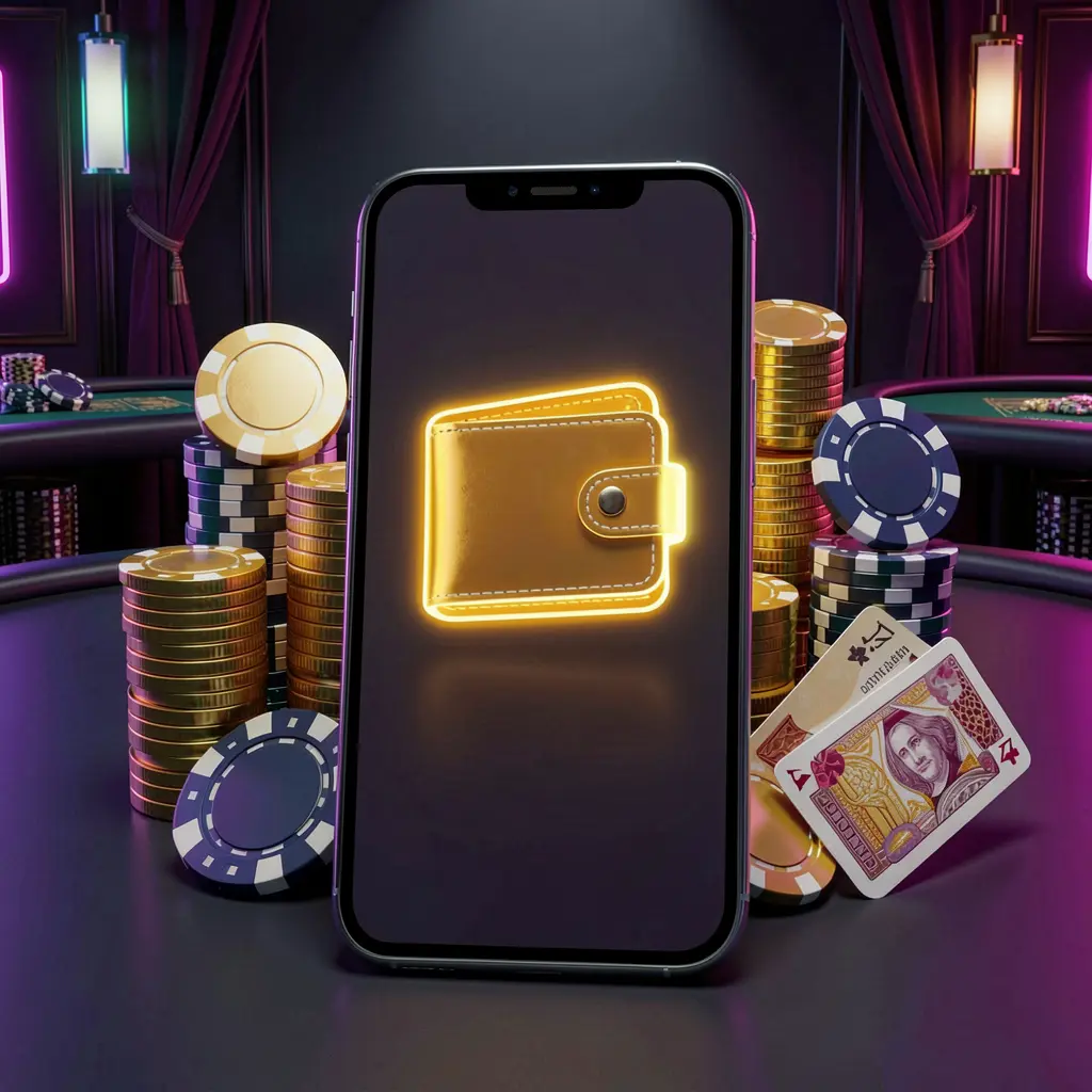 U22VIP online casino deposit bonus concept with a smartphone screen displaying a glowing wallet icon surrounded by stacks of golden coins, poker chips, and bank cards on a dark luxury background with neon highlights