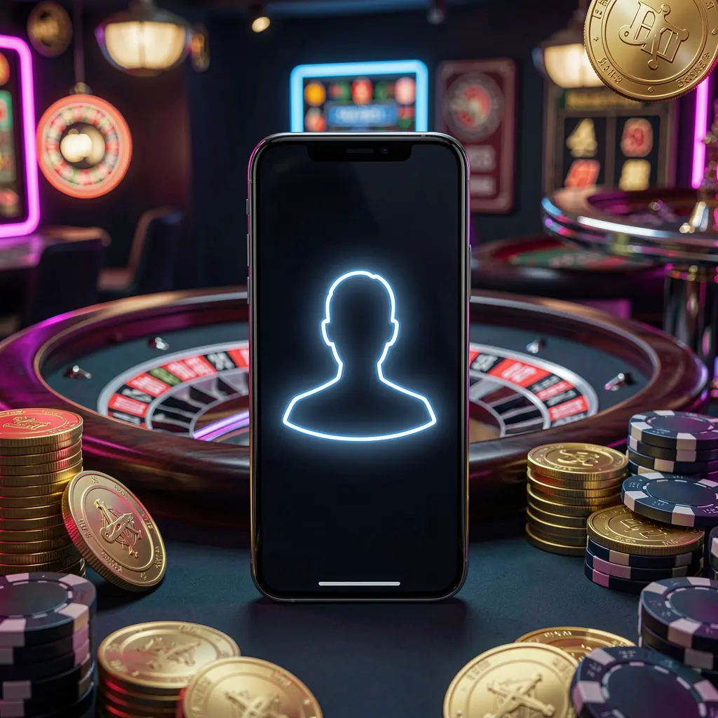 U22VIP online casino login image featuring a modern phone with a glowing profile icon, roulette lights in the background, golden coins, and poker chips in a premium dark neon atmosphere