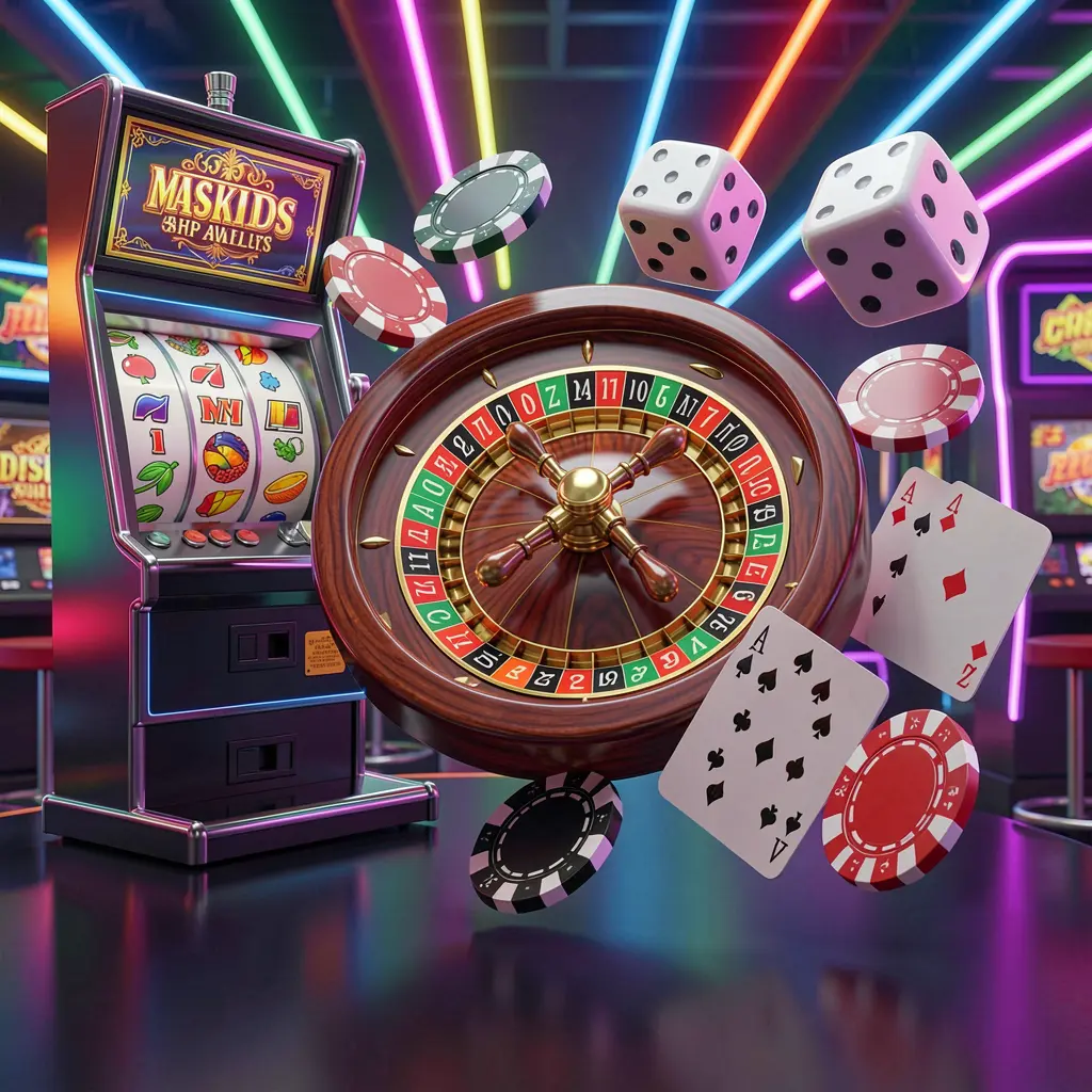 U22VIP casino games collection homepage visual featuring a slot machine, roulette wheel, dice, playing cards, and poker chips floating together with colorful neon lights in a premium 3D render